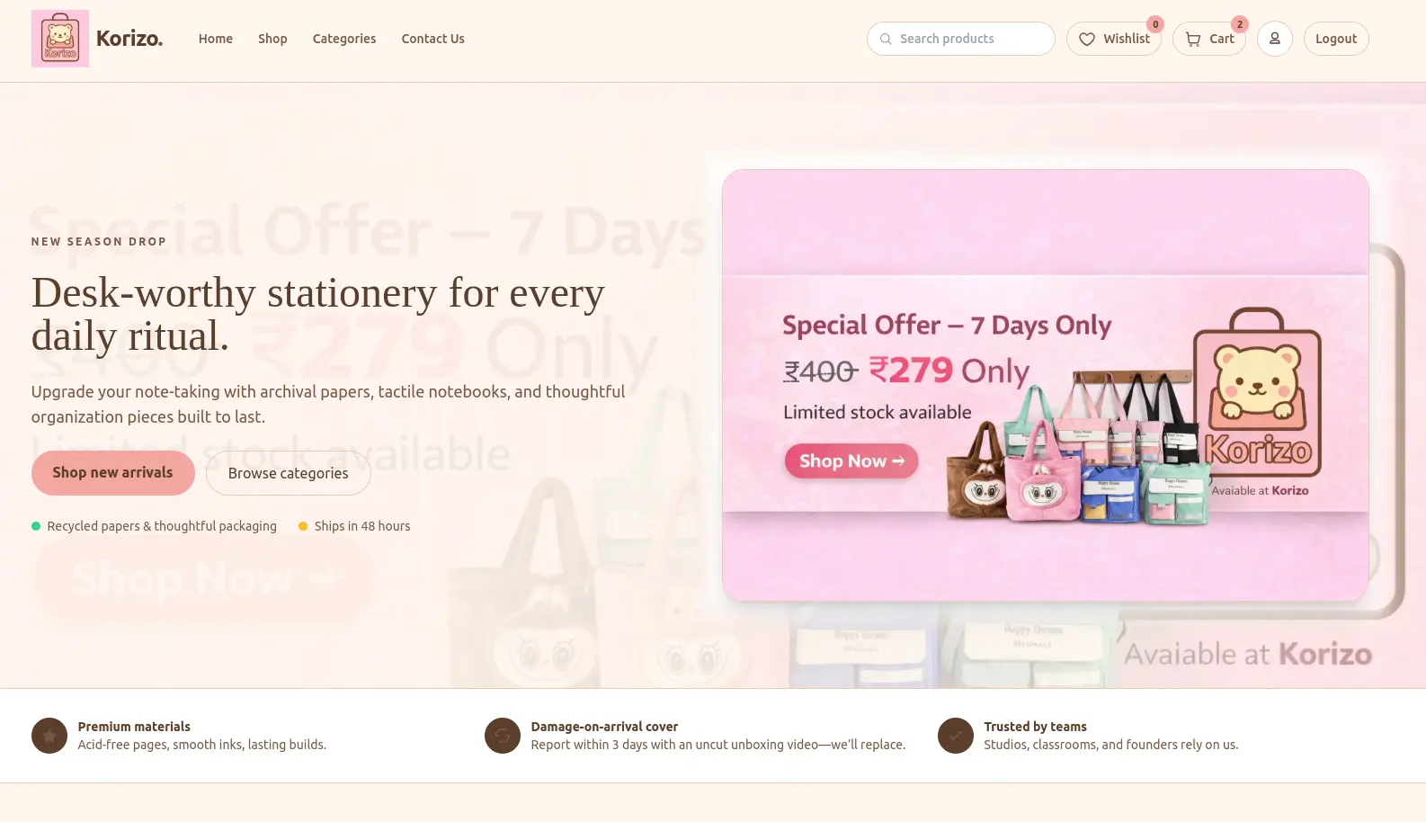 Korizo ecommerce website preview